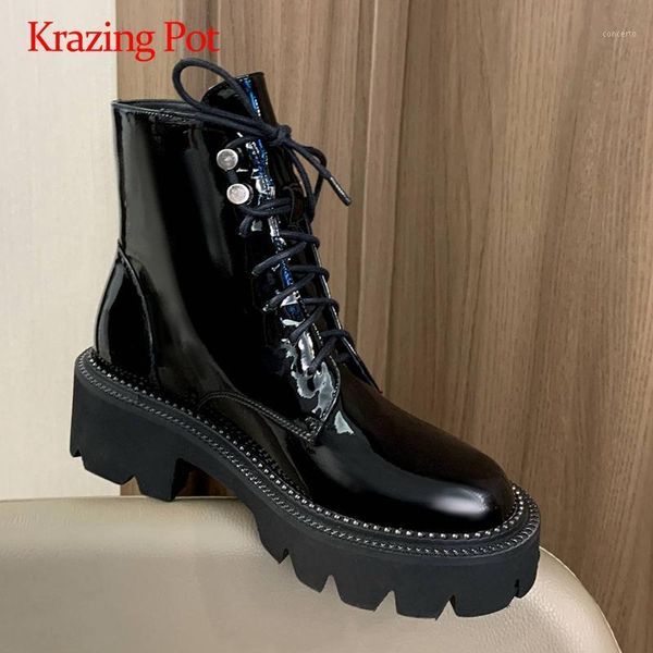 

krazing pot new arrival large size patent leather platform round toe thick high heel lace up popular punk maiden ankle boots l951, Black