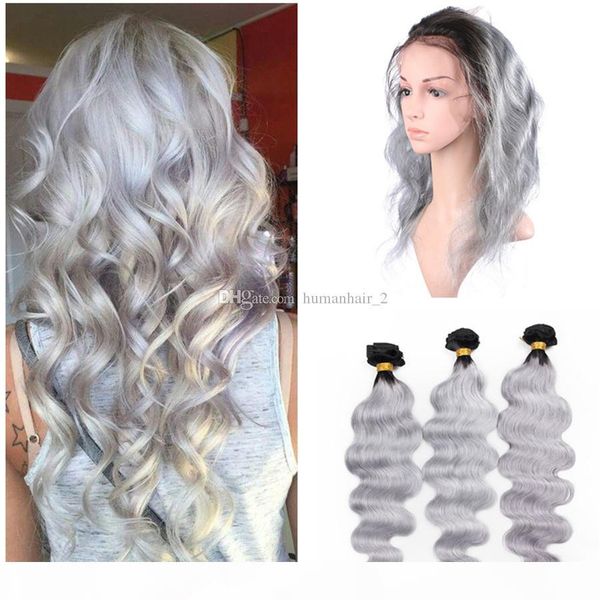

silver grey ombre 360 lace frontal closure with bundles body wave #1b grey ombre brazilian virgin hair weaves with 360 band lace closure, Black;brown