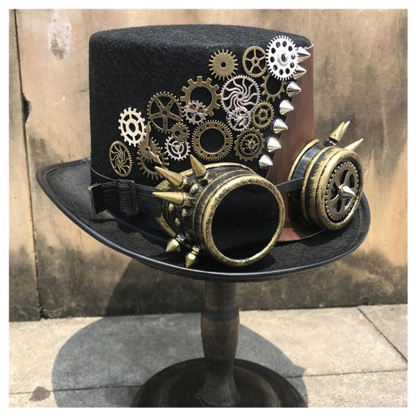 

wide brim hats handmade steampunk hat with gear glasses for women men cosplay magic size 57cm, Blue;gray