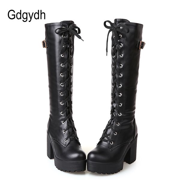

gdgydh spring autumn lacing knee high boots women fashion white square heel woman leather shoes winter pu large size 43, Red;white