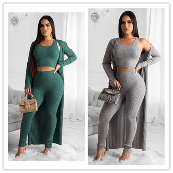 

women tracksuit long sleeve cardigan coat blazer cloak tank + pants outfit elegant strech three pieces outfits overalls clothes f92909, White