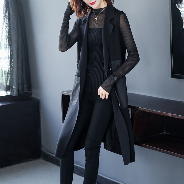 

new knitted women's vest vest 2020 spring dress women's mid long slim fashion sleeveless cardigan waistcoat gybok, White;black