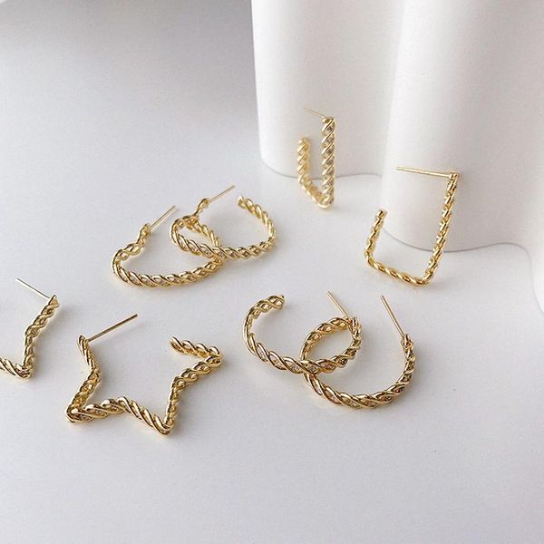 

hoop & huggie korean simple star love earrings weaving twist circle zircon temperamental gold metal for women girls, Golden;silver