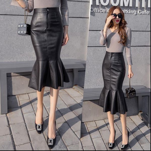 

2020 autumn winter elegant pu leather skirt fashion package hip high waist slim mermaid skirt women feminina, Black