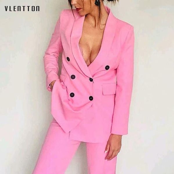 

2020 new 2 piece set women double breasted office blazer jacket and pants pink sets spring autumn long sleeve women's pant suits1, White