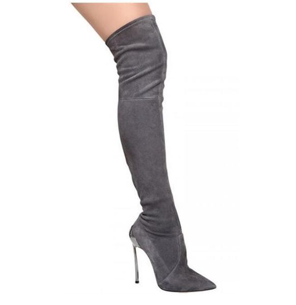 

new high heel boots for woman grey suede thin heels over the knee boots pointed toe long thin heels, Black