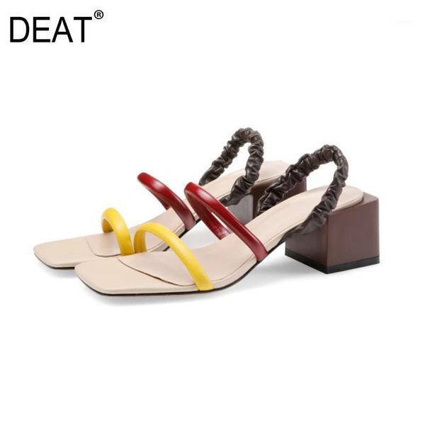 

[deat] 2020 new spring summer square toe shallow hit colors genuine leather high heels sandals for women shoes fashion 10i1721, Black
