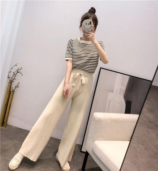 

summer 2 piece set women pullover o-neck striped elastic waist full length pants casual women sets fashion brief clothes1, White