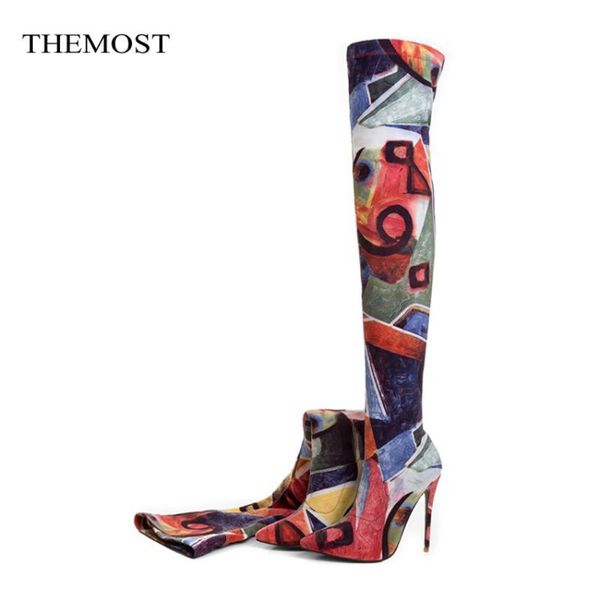 

arqa autumn printed plus size pull on over the knee high heel stretch boots for women, Black