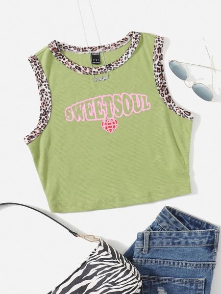 

heart & letter graphic rib knit contrast leopard binding tank a3zv#, White