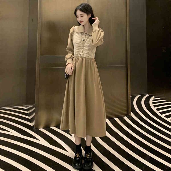 

Elegant Simple Fashion Knitting Stitching Long Dress Turn Down Collar Lantern Sleeves Buttons Ins Female A-line Dress, Black;gray