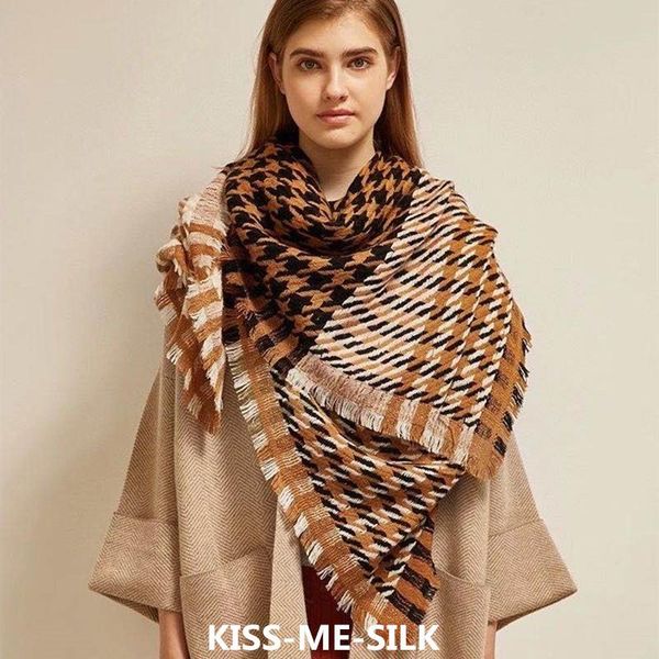 

kms classic houndstooth four sides tassel pure wool scarf thousand-birds-plaid shawl dual-purpose for women 85*210cm/300g, Blue;gray