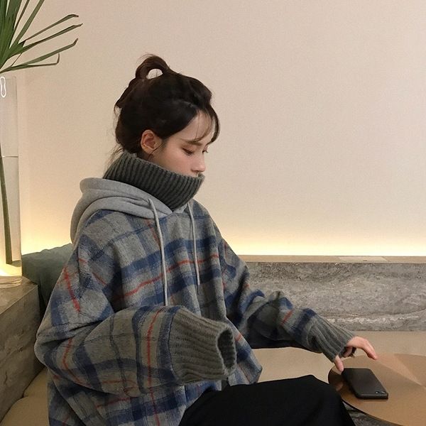 

gyt67 autumn and winter two-piece new thickened hooded sweater coat sweater coatwomen's loose fake style lazy plaid stitching 2019 coat, Black