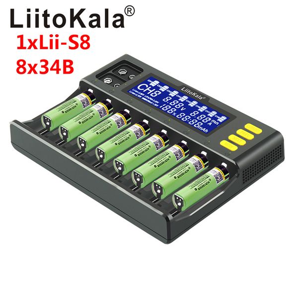 LIITOKALA LII-S8 18650 26650 21700 9V LCD Carregador de bateria + 18650 3400mAh NCR18650B + 18650 3000mAh HG2