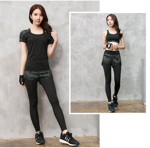 

fitness yoga clothes women's personal leisure gym quick-drying clothes fake two-piece pants sports three-piece suit four seasons runnin, Gray