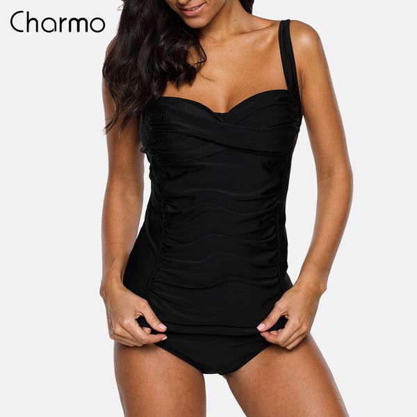 

charmo women two pieces tankini set women vintage swimsuit solid color suit retro bikini set vintage cross swimwear bathing suit t200708, White;black