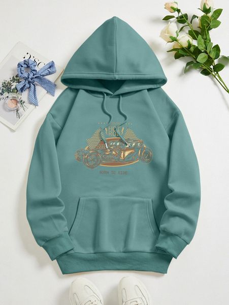 

slogan & car print drawstring thermal lined hoodie j3p9#, White;black