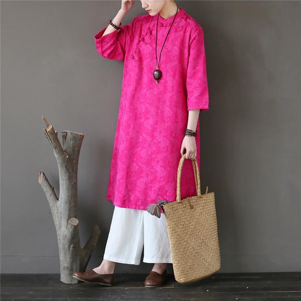 

johnature 2020 spring vintage straight dress solid regular three quarter sleeve embroidery knee-length stand collar women dress, Red