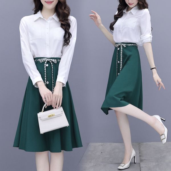 

autumn 2020 new light cooked suit femininity long sleeve dress shirt dress shirt skirt set two pieces cthms, Gray