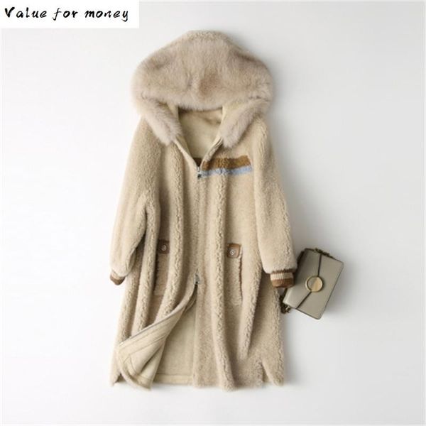 

women's fur & faux real coat women 100% wool jacket clothes 2021 collar hooded sheep shearing winter 18183 yy2202, Black