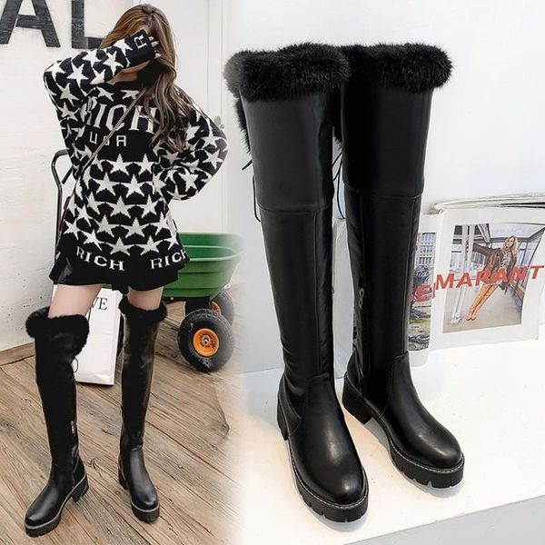 

boots winter boot women warm over-the-knee round toe real hair ladies fashion thigh high snow waterproof botas1, Black