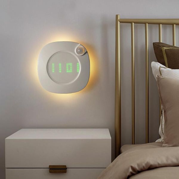 

motion sensor led clock wall light usb/ battery powered wall lamp with digital time display for bedroom toilet decor lighting