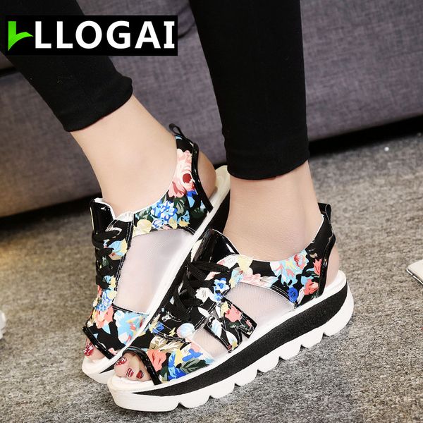 

women platform sandals 2019 summer open toe wedge thick bottom casual shoes woman lace up breathable mesh sandals big size 35-42 t200529, Black