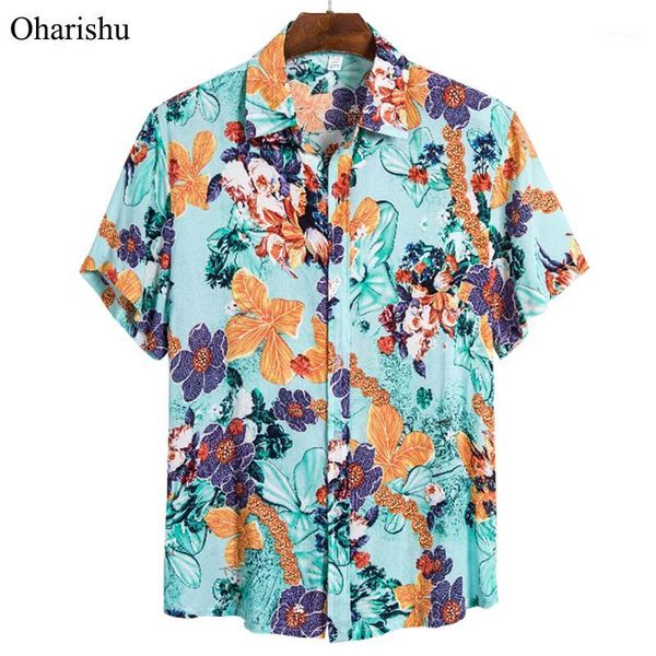 

summer men's short sleeve shirt new arrival flower print button loose shirts fashion mens holiday beach hawaiian shirt1, White;black
