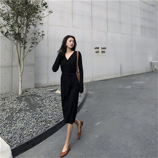 

2021 new male female spring elegant long korean autumn black sweater dress maxi kj1910 96b0, Black;gray