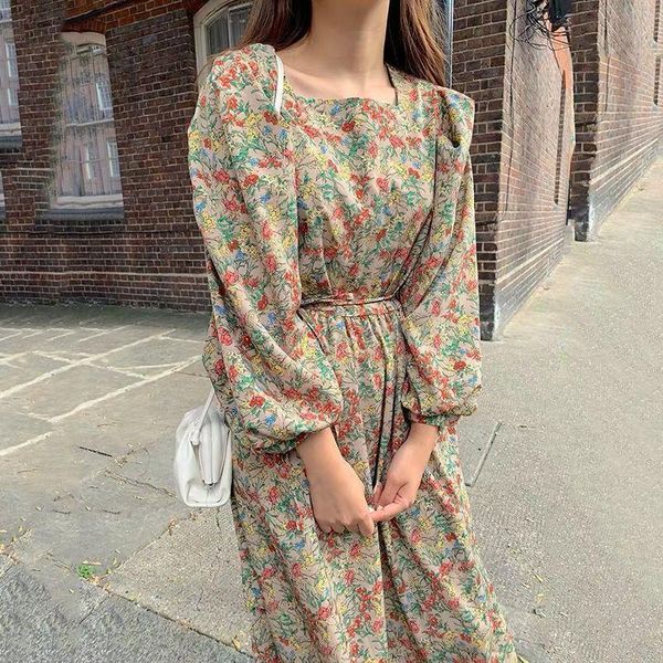 

women spring square collar long sleeve long floral dresses elegant vintage high waist ruffle dresses with waist belt, Black;gray