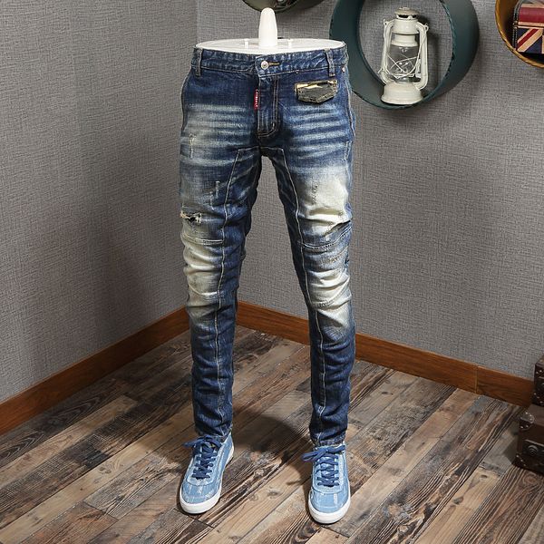 

2021 new italian style fashion retro slim fit ripped men spliced designer pants streetwear hip hop jeans th65, Blue