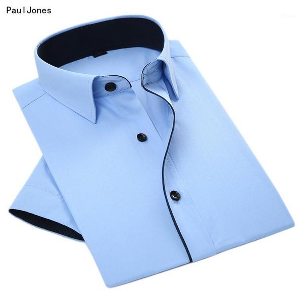 

pauljones summer men short sleever formal shirts asian black patchwork collar men's casual dress shirts 4xl china clothes1, White;black