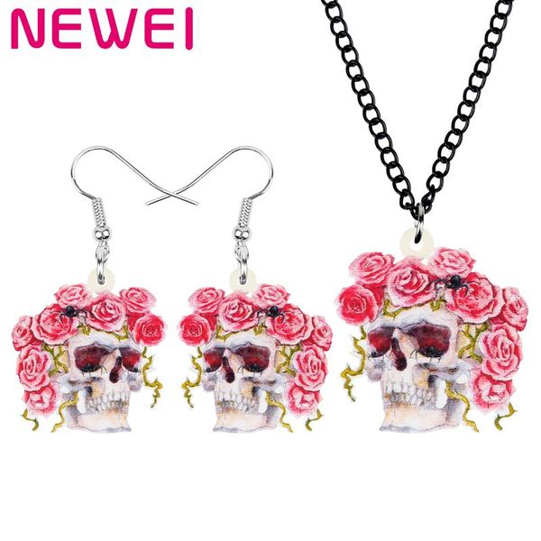 

newei acrylic halloween rose skull skeleton jewelry sets big flower earrings necklace for women girls kids charm gift decoration, Silver