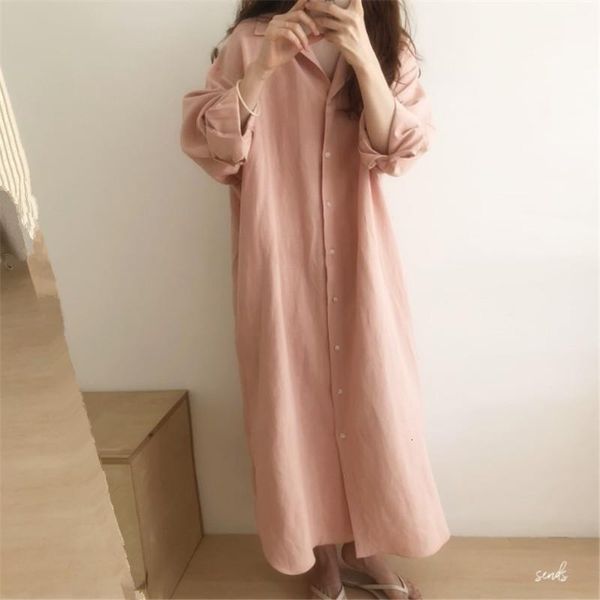 

2020 new korea styles turn-down collar striped single breasted loose long polyester shirt dress female vestido wl30717, Black;gray