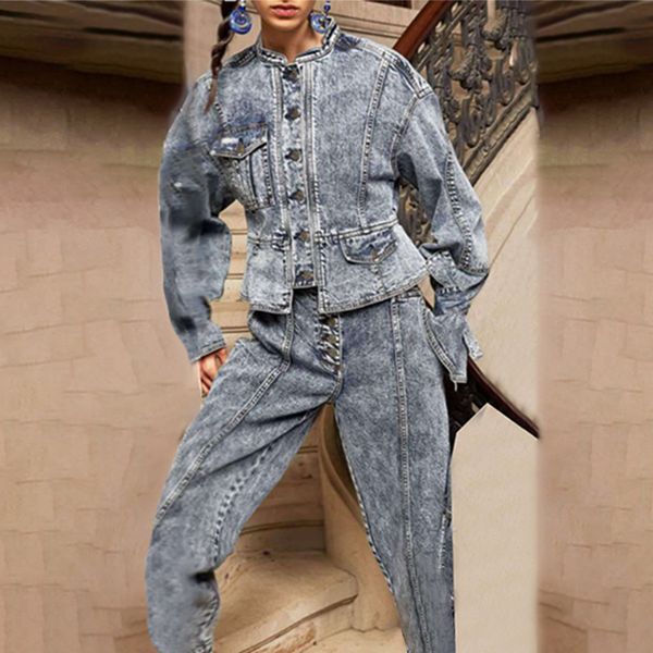 

2020 autumn new fashion retro bell sleeve denim jacket high waist slimming long jeans casual suit, Blue
