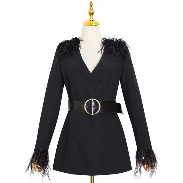 

autumn 2020 new fashion v-neck shoulder feather stitching tied to show irregular figure suit short skirt, White;black