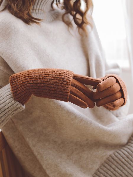 

lady gloves autumn touch screen suede thickened two piece set for warmth, cycling and driving five fingers to prevent cold winter, Blue;gray