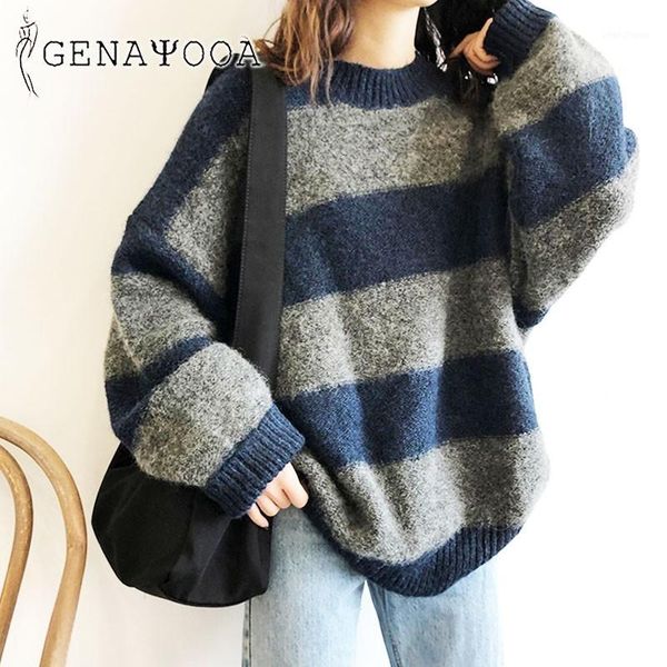 

genayooa striped o-neck oversize sweater women korean style 2020 autumn winter pullover cashmere jumper ladies chic warm1, White;black