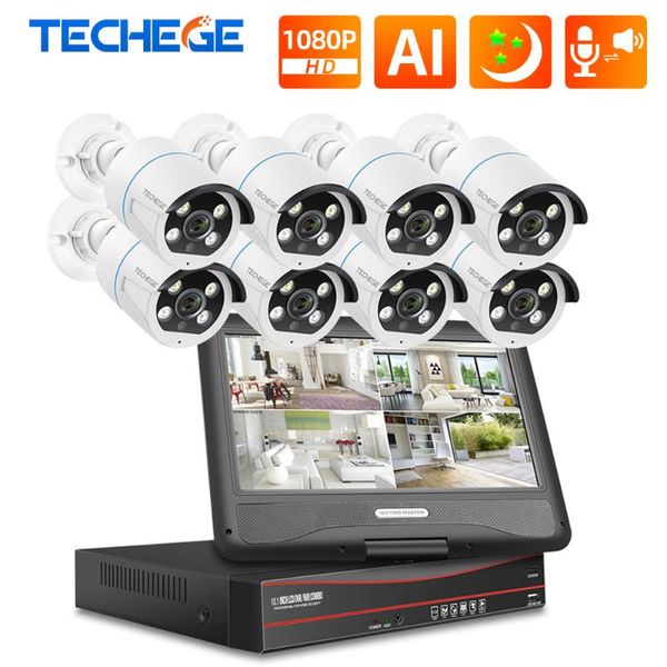 

techege 8ch 1080p 12"lcd display poe nvr kit hd 2mp ip camera two-way audio outdoor surveillance poe cctv security camera system