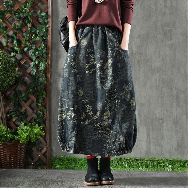 

new arrival spring women skirt plus size high waist denim vintage print maxi skirt femme 100% cotton loose long skirt d18, Black