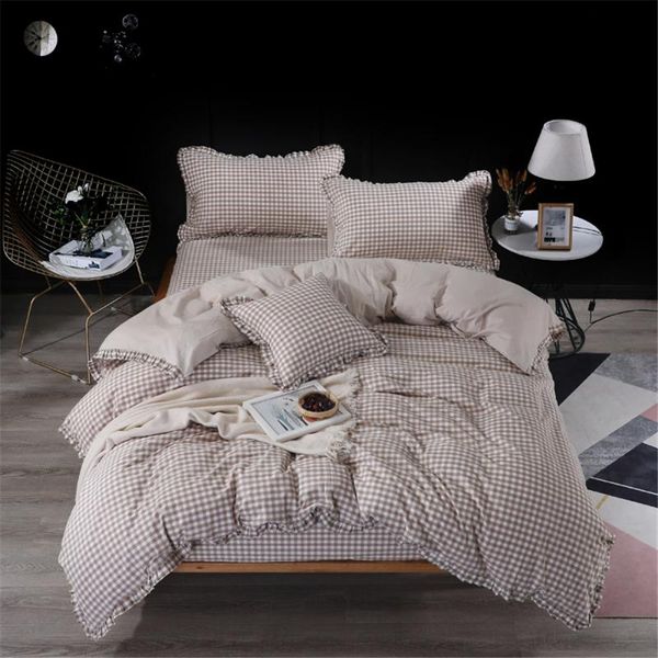 

3,4pc cotton bedding sets king size duvet cover 220*240cm reversible beige plaid quilt covers pillowcase single bed sheets