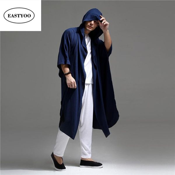 

linen trench coat men summer thin long trench coat hooded cardigan loose casual arabic robes men's hooded cardigans, Tan;black