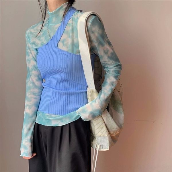 

hpqdw ранняя осень 2020half вязать рукав галстук краситель длинный воротник сетка жилет футболку vestwith высокая шея тонкая футболка с длин, White