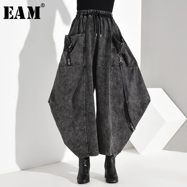 

[eam] high elastic waist pocket split long denim wide leg trousers new loose fit pants women fashion spring autumn 1d 201031, Black;white