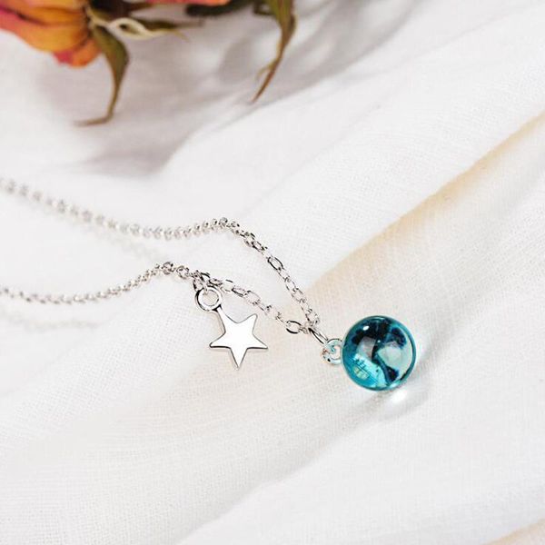 

star blue artificial crystal pendant necklace korean fashion trend sweet jewelry small roun pendant charm necklace, Silver