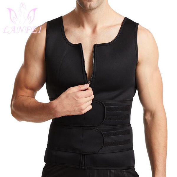 

lanfei slimming sauna sweat vest mens neoprene with zipper waist trainer corset gym tank weighted compression shirt, Black;brown