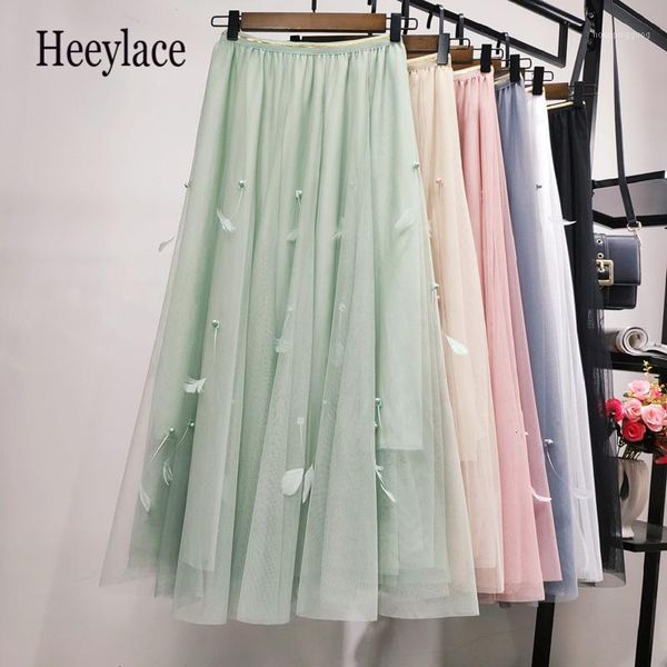 

women summer feather beading high waist mesh elegant long skirt korean chiffon pleated tulle tutu maxi skirt retro midi1, Black