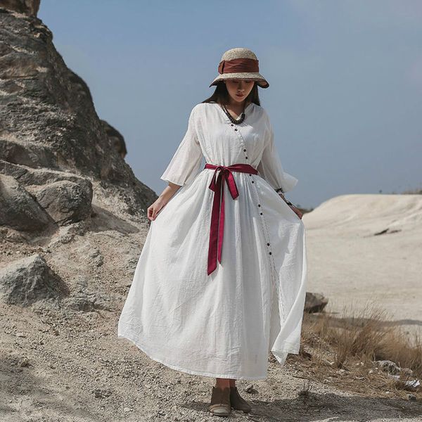 

chinese style retro v neck single breasted stitching hit color belt elegant female cotton linen dress 6tca, Black;gray