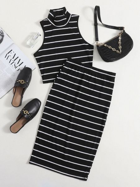 

stripe crop halter & bodycon skirt set v3dd#, White