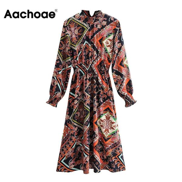 

aachoae vintage a line midi dress women printed elastic waist boho dress long sleeve casual ladies dresses 2021 robe femme, Black;gray